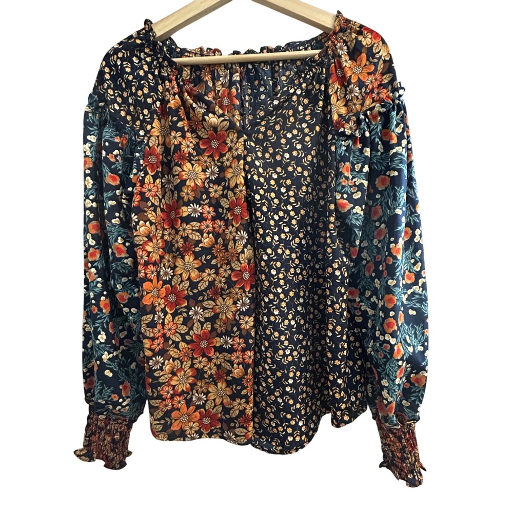 Floral Patchwork Peasant Blouse Navy Orange Metallic Stripe Smocked Cuff Small